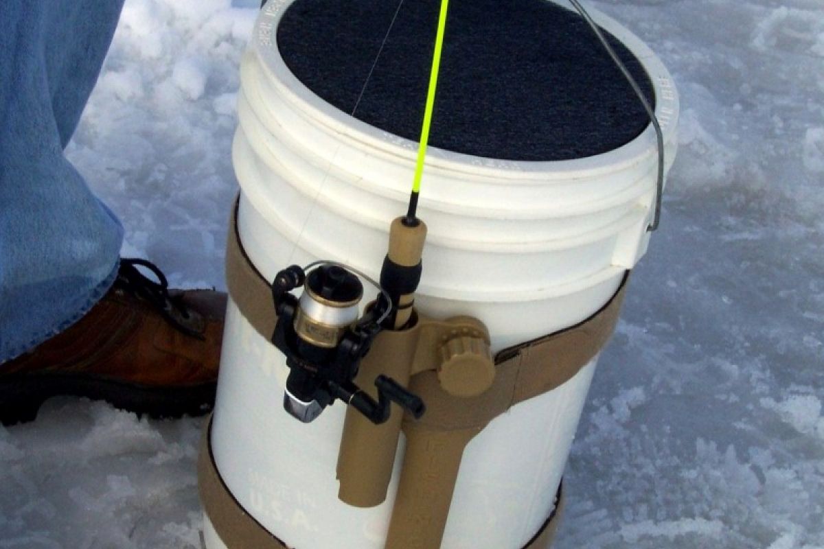 7th Ice Fishing Strapped on Bucket 1